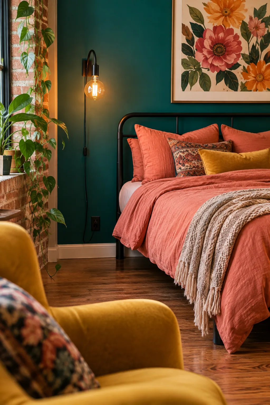 A black plug-in wall sconce mounted above a small nightstand next to a bed