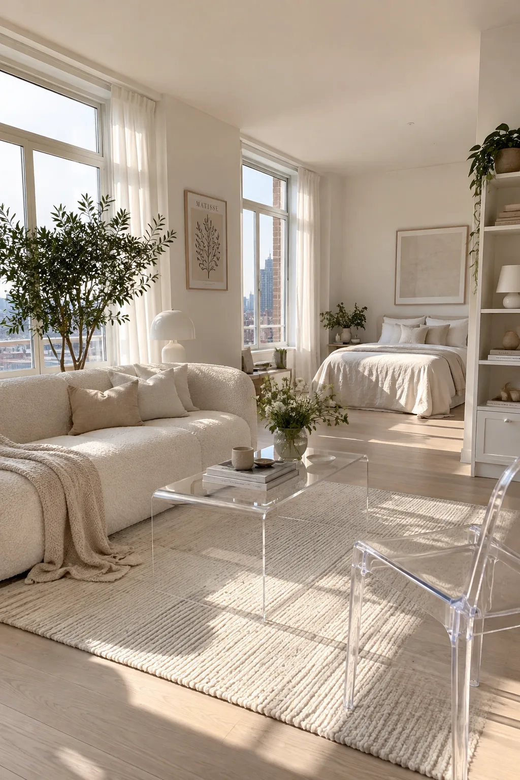 A clear acrylic coffee table sitting on a rug in a small living room