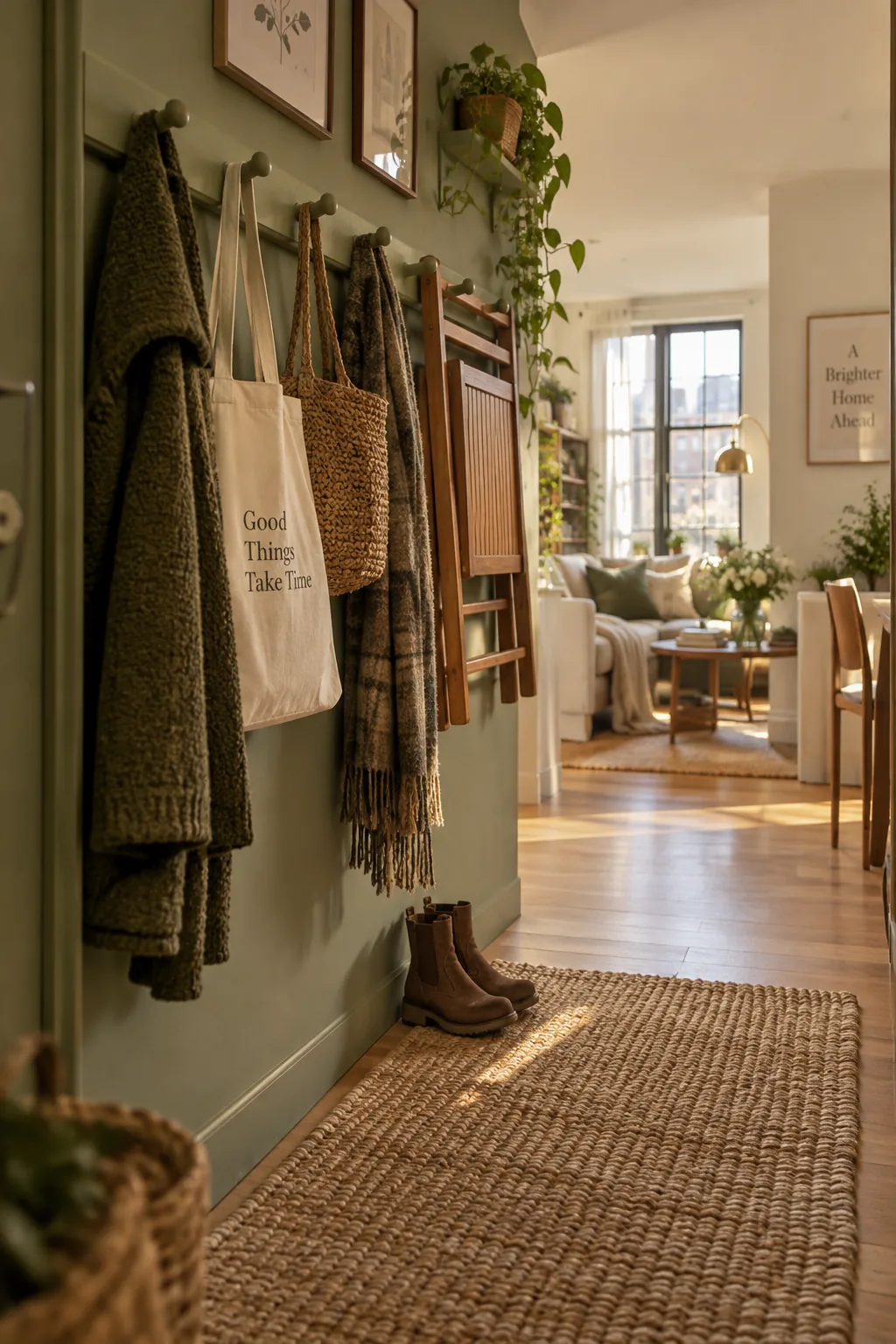 A long row of wooden peg hooks on an entryway wall holding coats and bags
