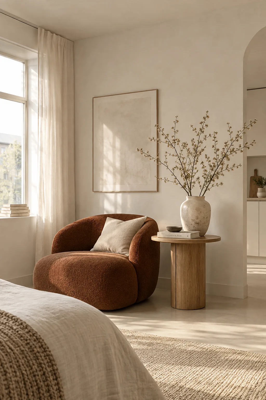 A bright studio apartment with warm white walls, ceiling, and trim