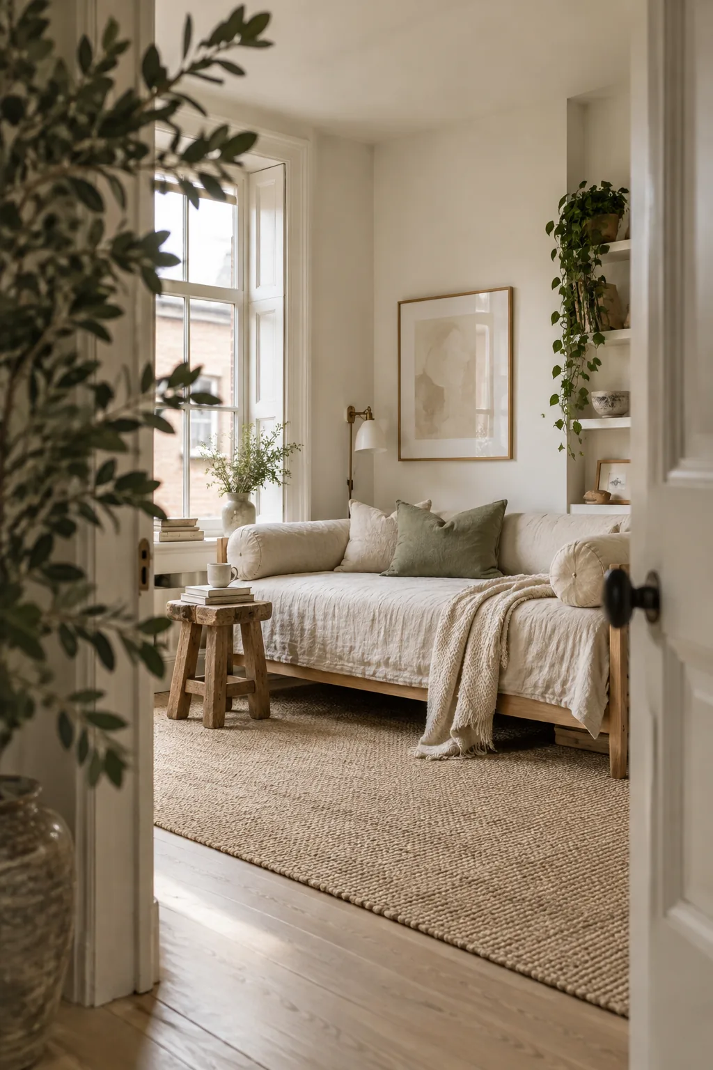 A daybed styled with a linen cover and bolster pillows to look like a sofa