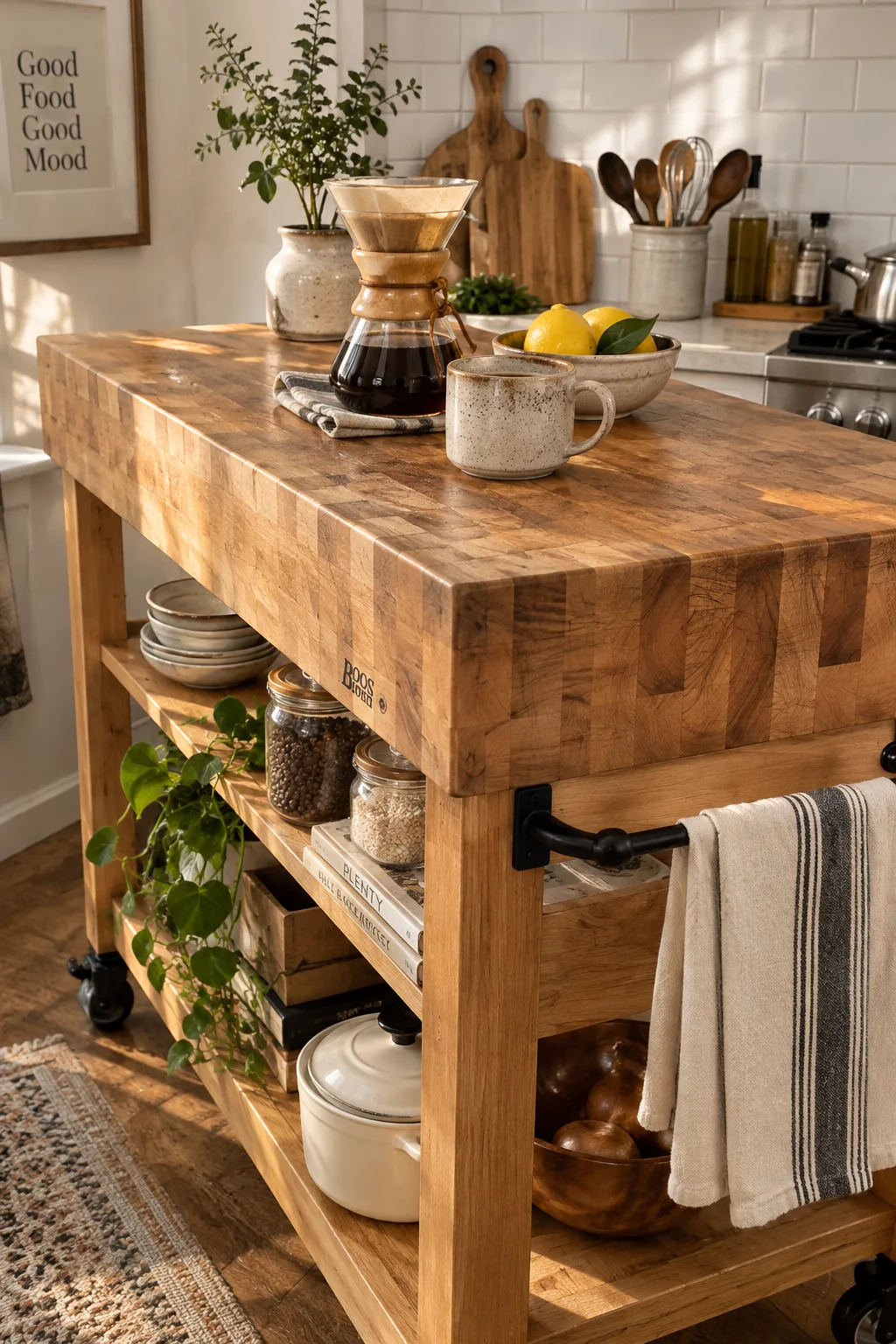 A wooden rolling kitchen cart with a butcher block top in a small kitchen