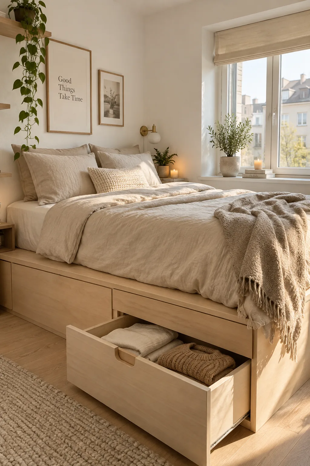 A queen bed sitting on a wooden platform base with large storage drawers underneath