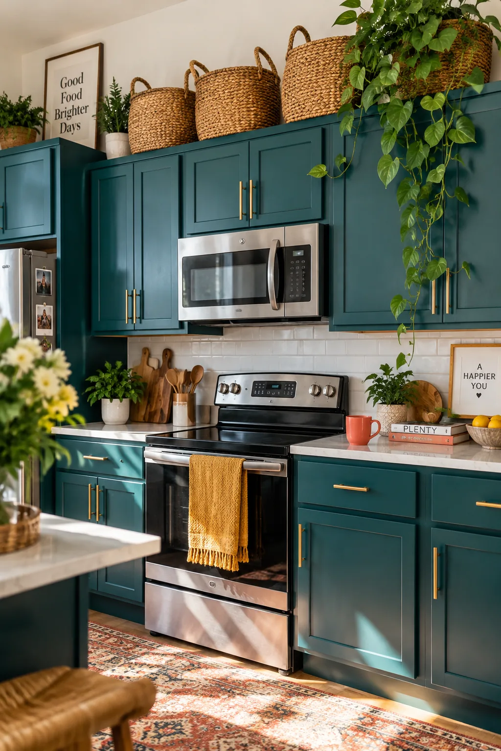 Matching woven baskets sitting neatly on top of kitchen cabinets