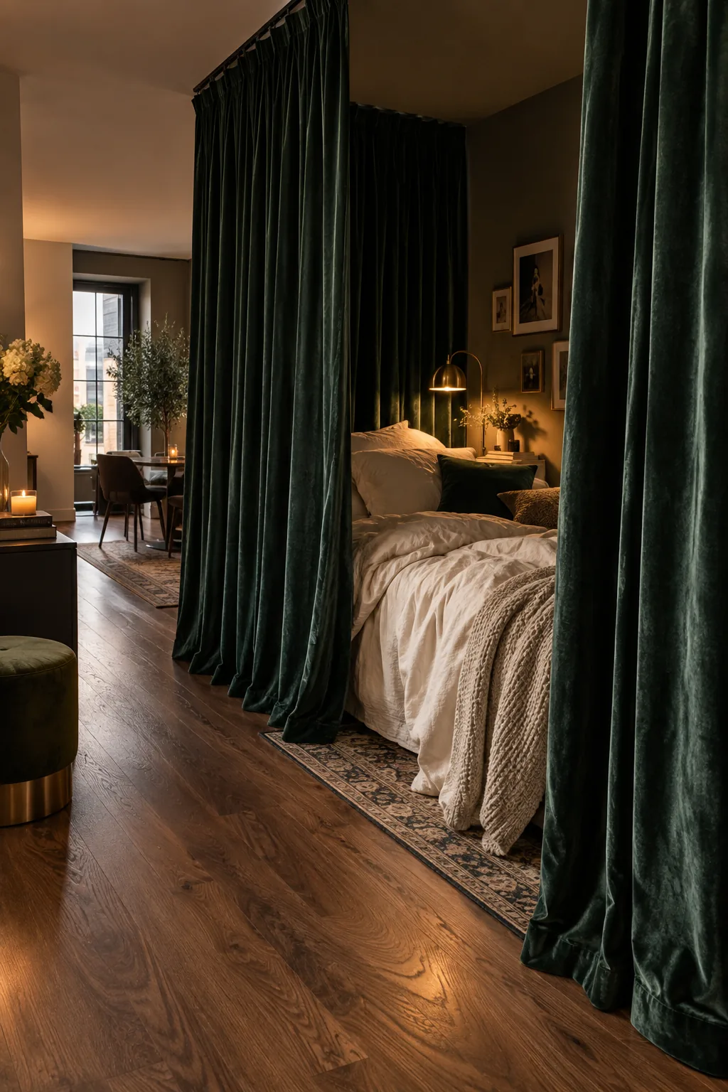 Floor-to-ceiling emerald velvet curtains drawn partially around a bed nook
