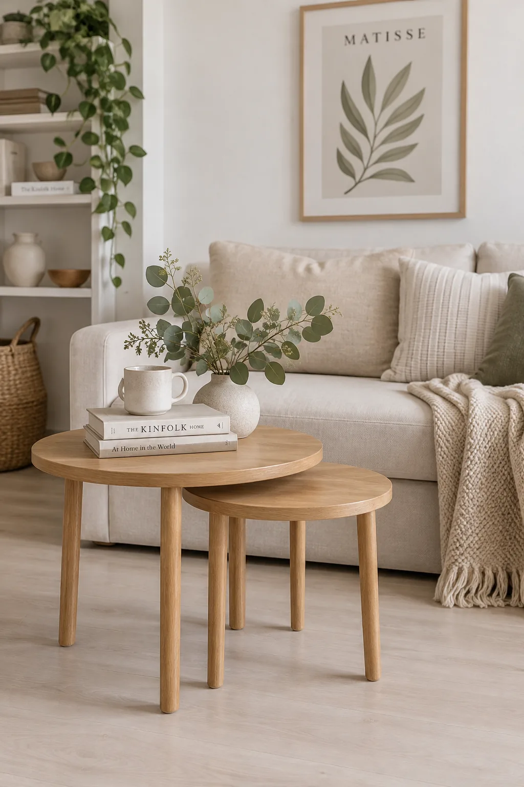 Two round nesting tables sitting in front of a small sofa