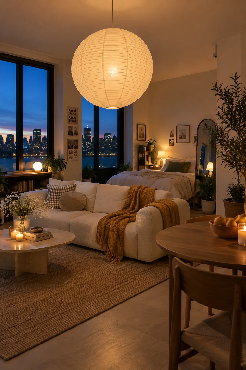 A very large round paper lantern hanging from the ceiling in a studio apartment