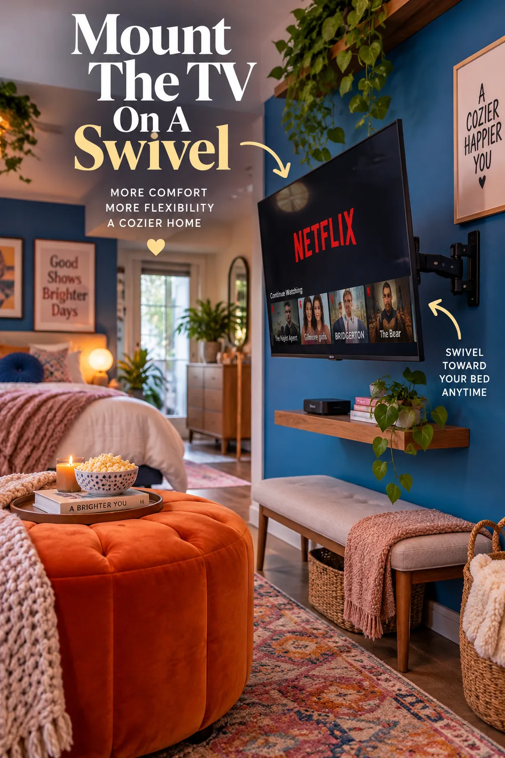 A flat screen TV mounted on a swivel arm above a slim floating wooden shelf