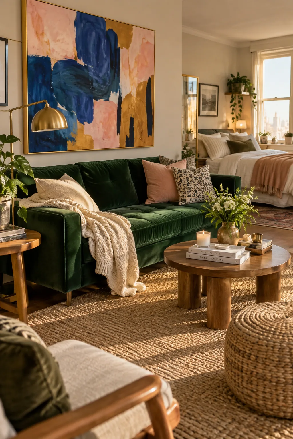 A large bold abstract painting hanging on the wall directly above a sofa
