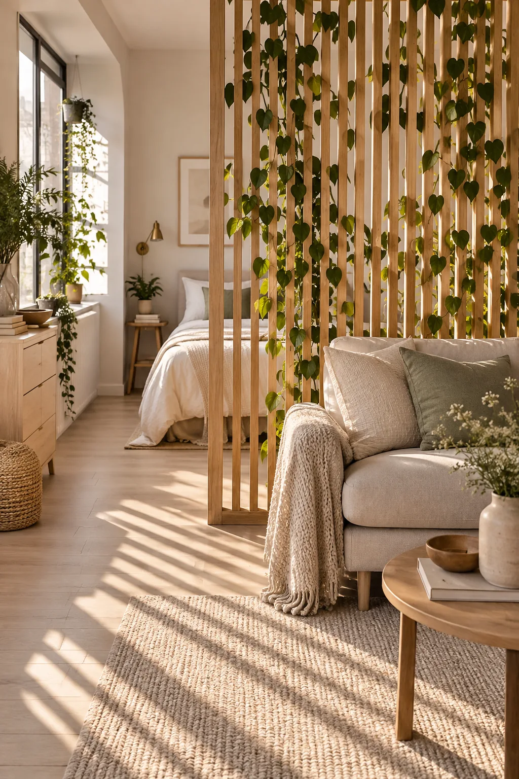 A slatted wooden room divider with trailing plants filtering light in a studio