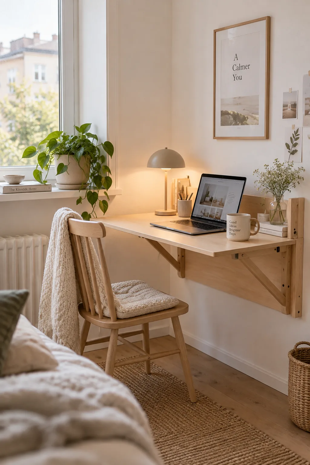 A wall-mounted wooden drop-leaf desk folded down with a dining chair tucked under it