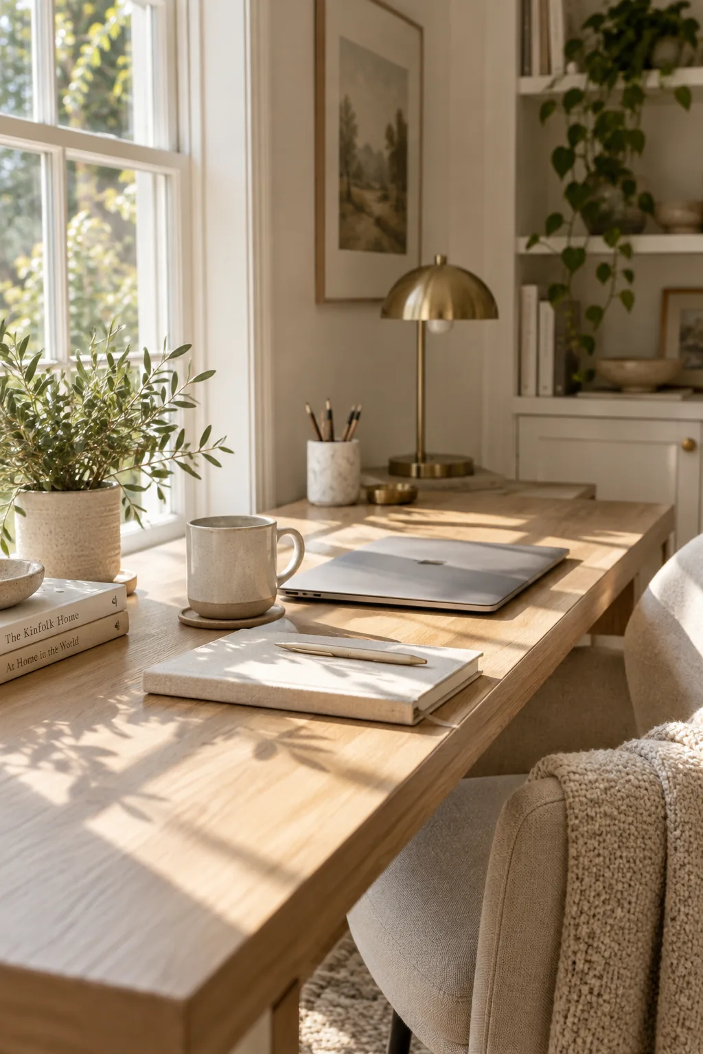 A wooden desk positioned sideways next to a large window in a bright study room.