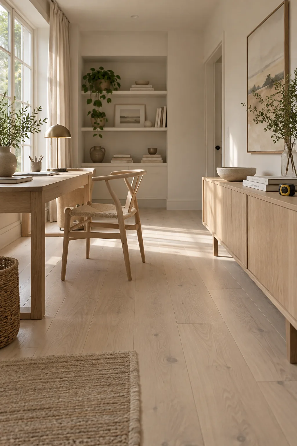 A spacious home office showing a desk with ample chair clearance and a slim credenza against the wall.