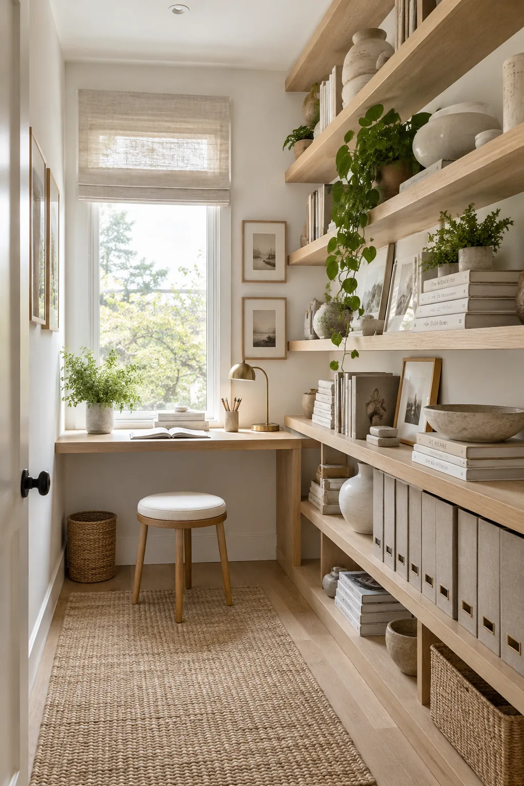 Floor-to-ceiling floating shelves filled with books and matching magazine files in a small study.