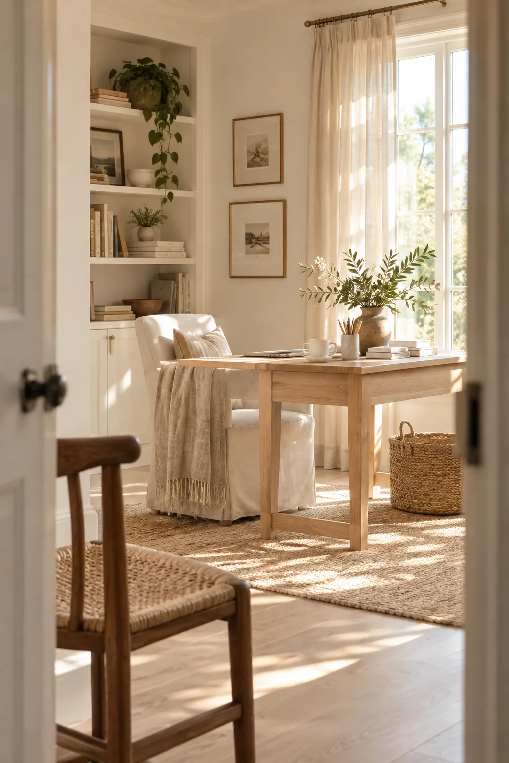 A bright study room painted in a warm white color with natural light bouncing off the walls.