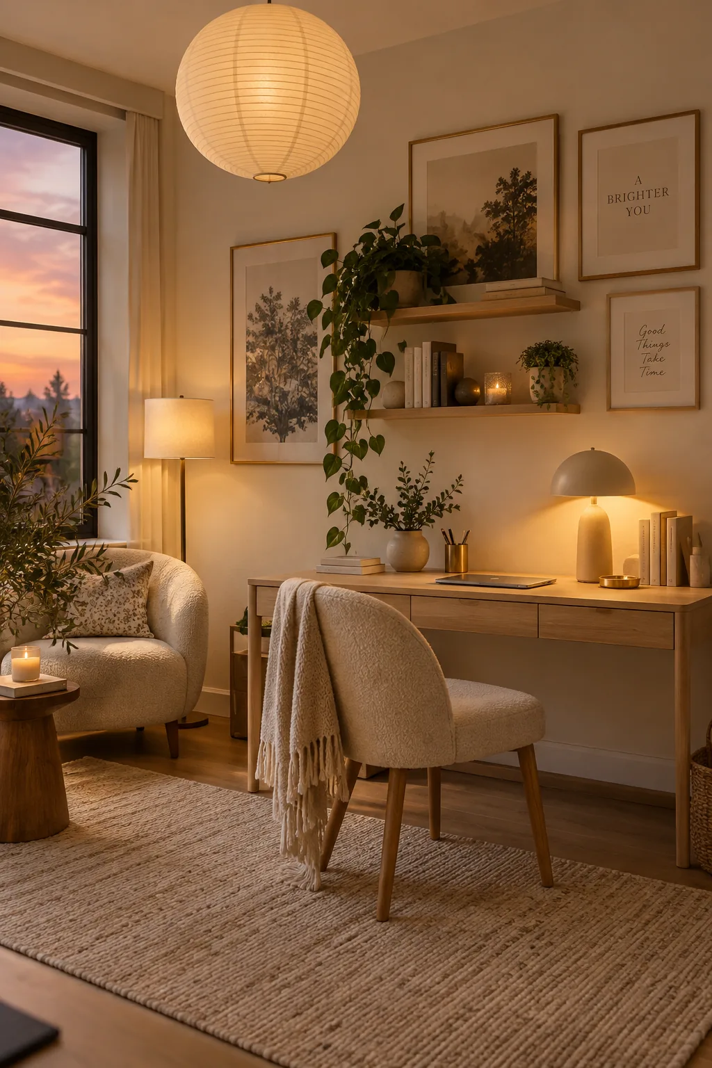 A study room featuring a stylish overhead light, a brass desk lamp, and a soft floor lamp in the corner.