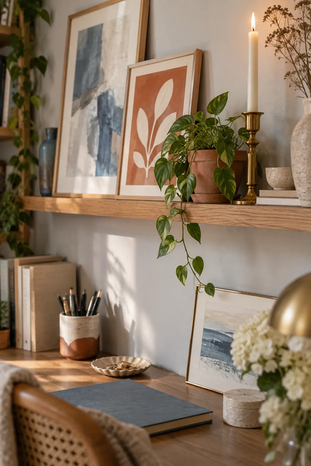 A wooden picture ledge mounted above a computer monitor displaying framed quotes and a small trailing plant.