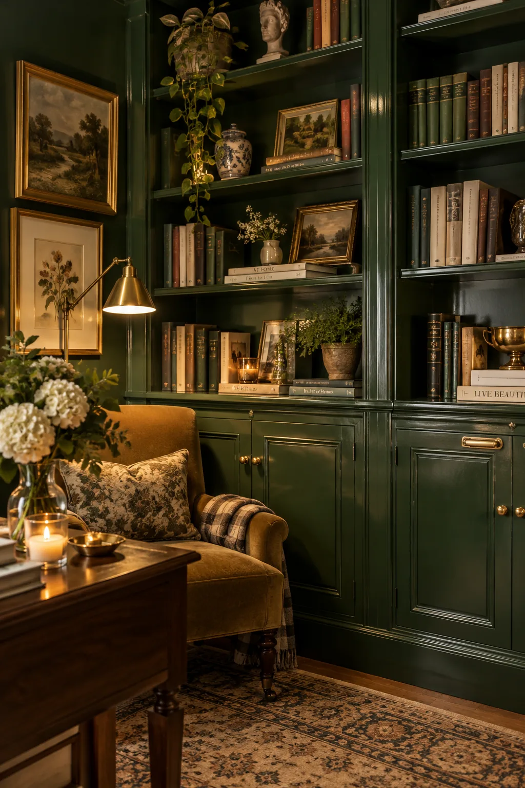 Built-in bookshelves painted hunter green featuring elegant brass cabinet pulls.