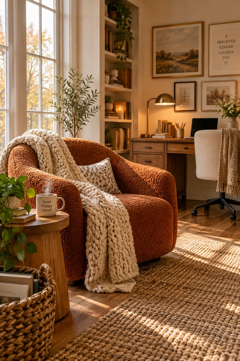 A cozy upholstered armchair with a chunky knit throw and a small side table in the corner of a study.