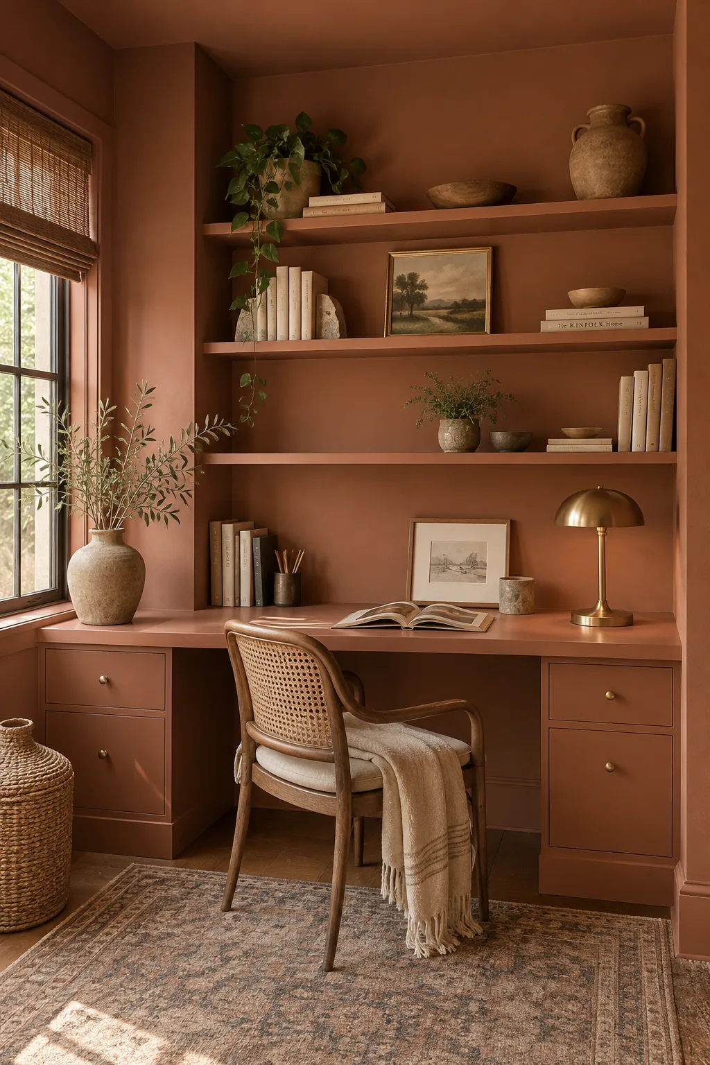 A study room painted entirely in a rich navy blue, including the walls, baseboards, and bookshelves.
