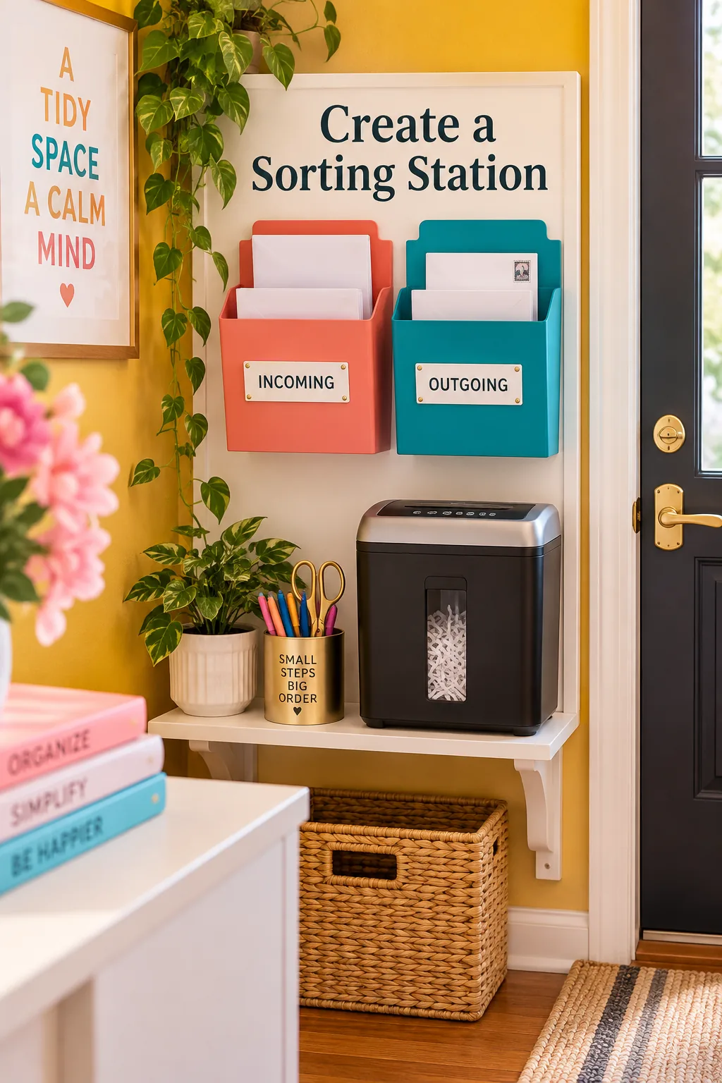 A wall-mounted wooden mail organizer next to a door, with a modern paper shredder on the floor below.