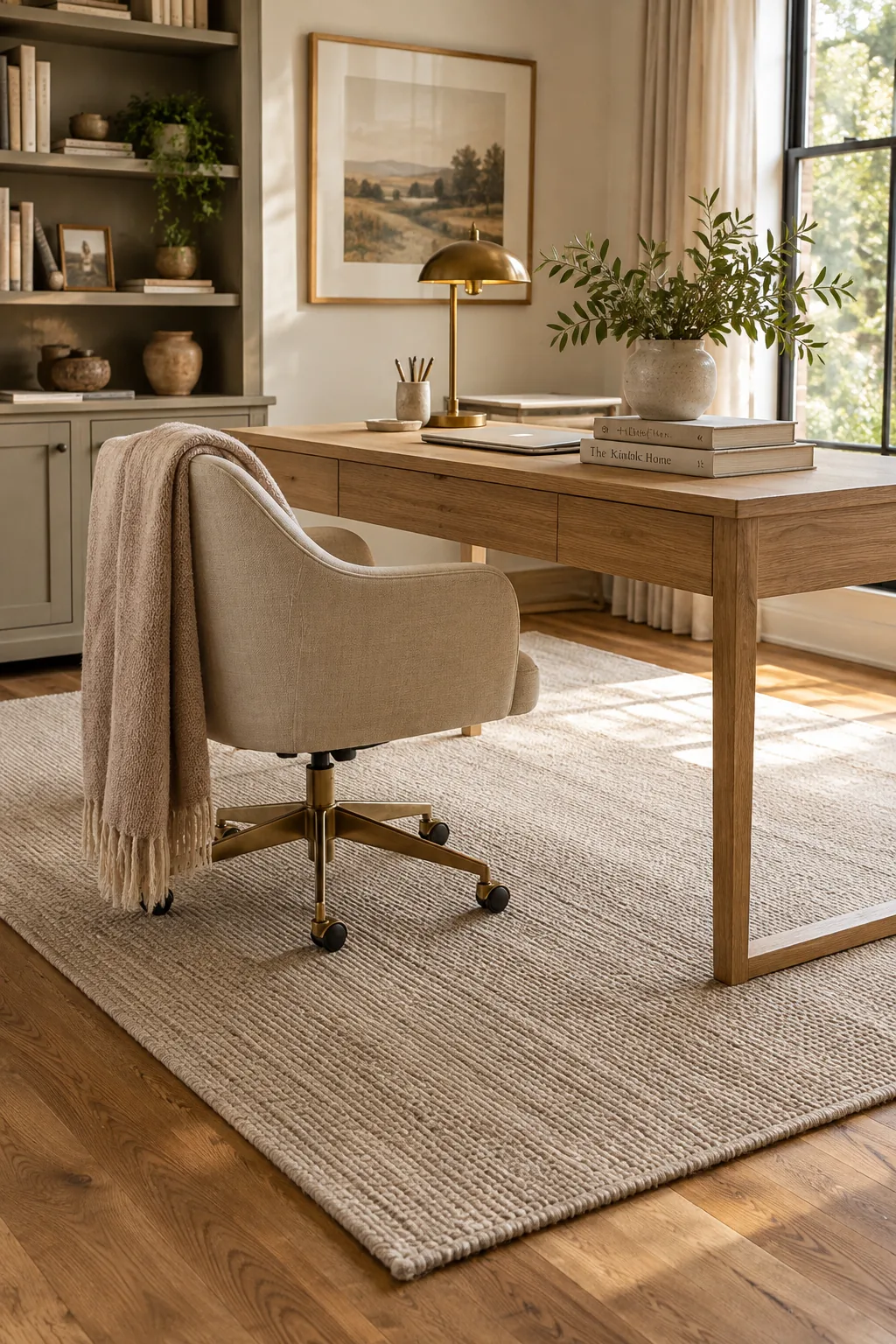 A large, low-pile vintage rug sitting under a wooden desk and a modern rolling office chair.