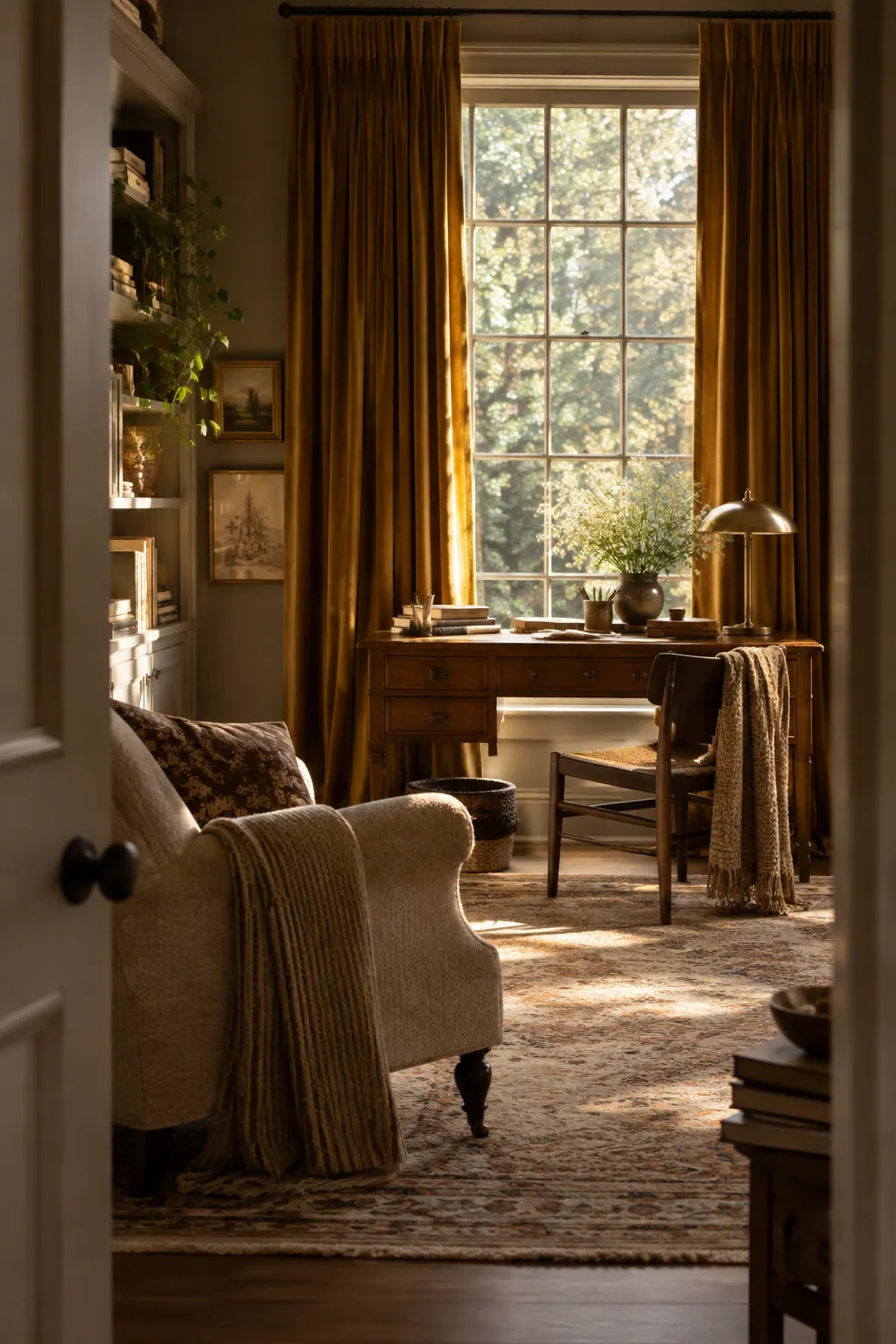 Thick velvet curtains hung high and wide over a window in a home office.