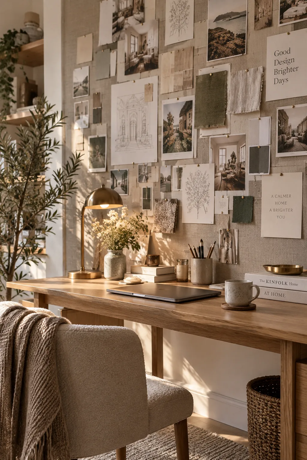 A floor-to-ceiling cork board covered in neutral linen fabric, pinned with sketches and notes.