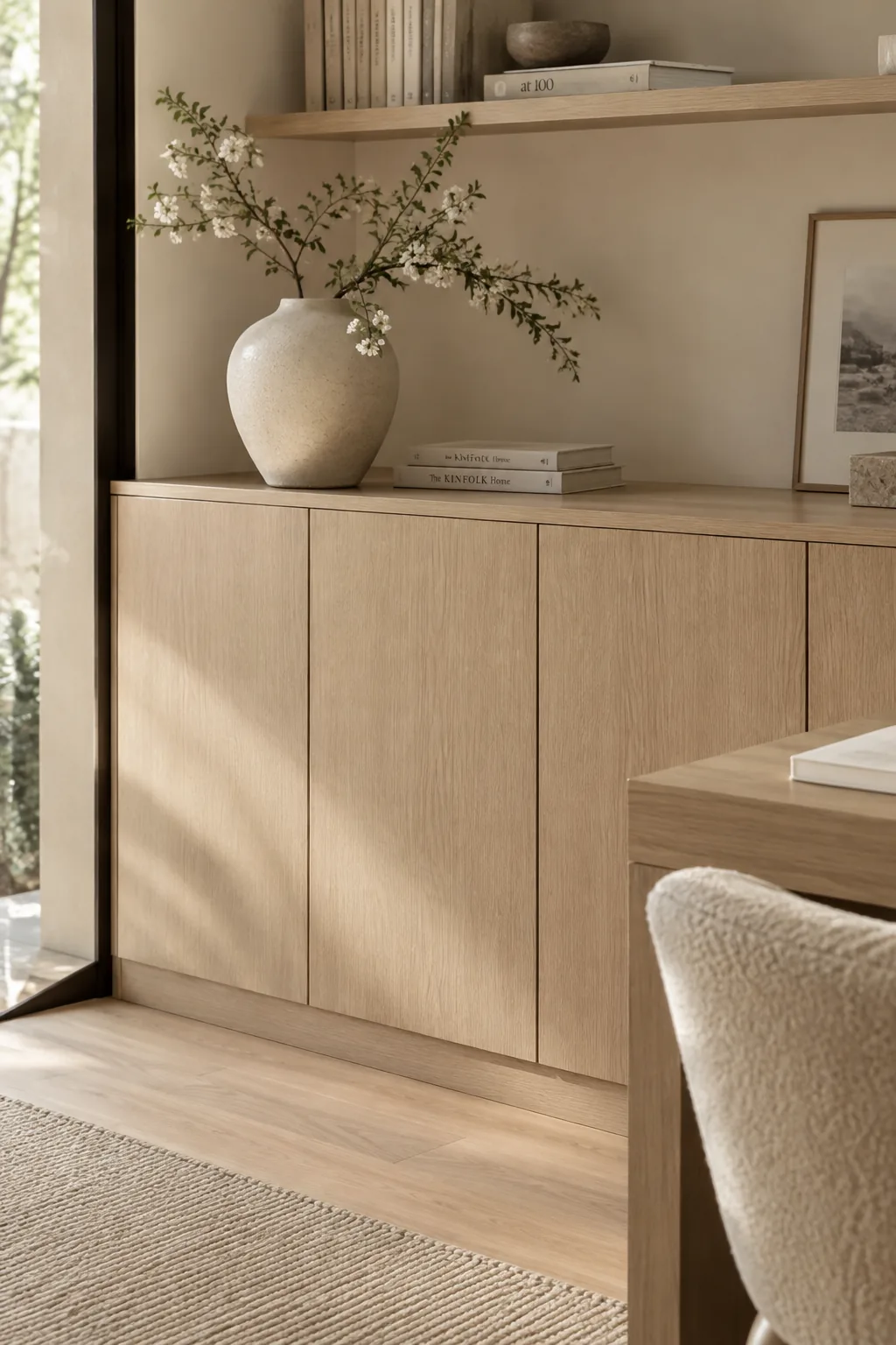 A minimalist study room featuring flat-panel built-in cabinets with no visible hardware.