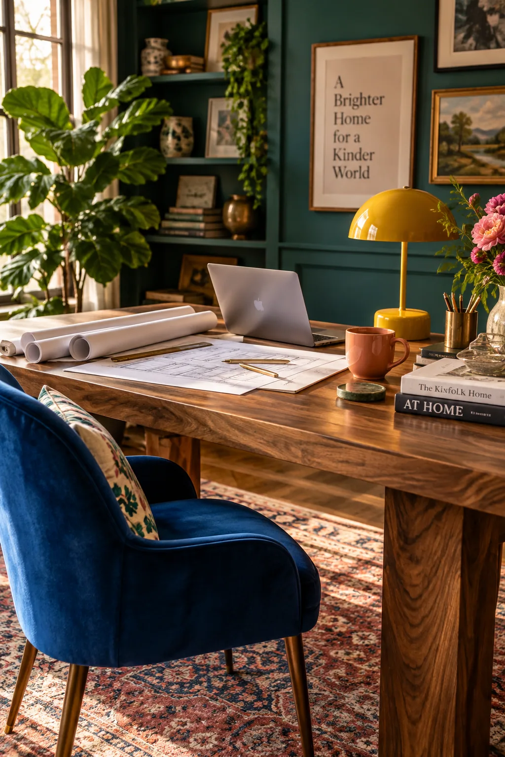 A large vintage wooden dining table being used as a desk in a spacious study room.