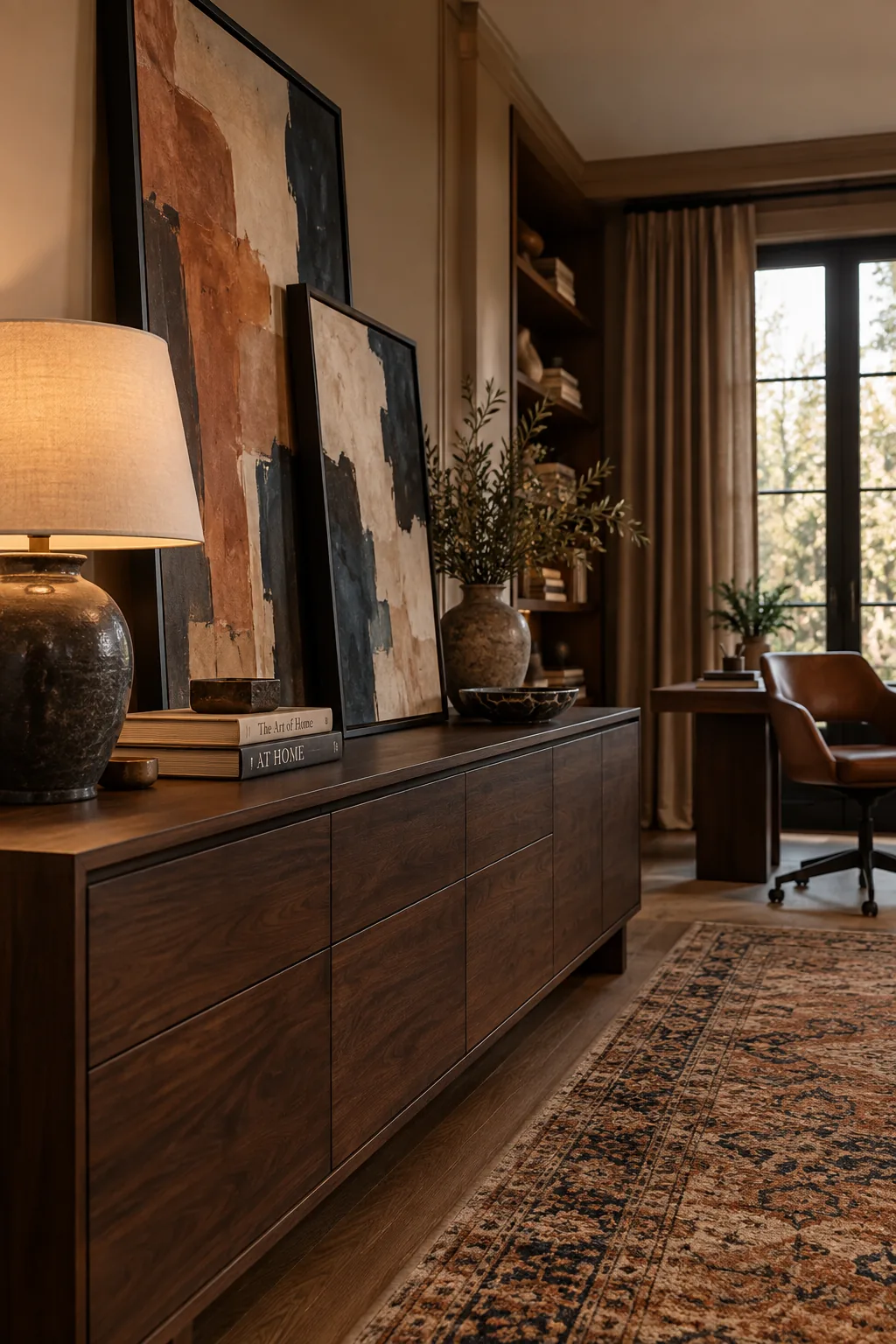 Several large framed art prints leaning against the wall on top of a wooden credenza.