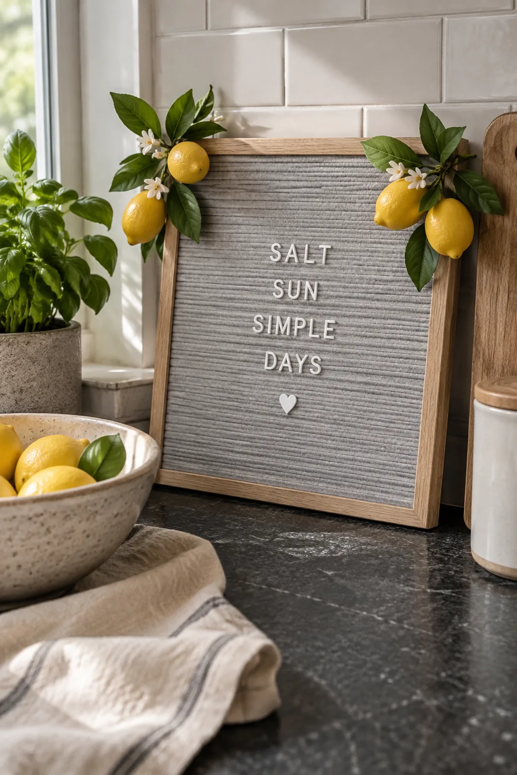 Felt letterboard decorated with faux lemon sprigs and white letters on a kitchen counter.
