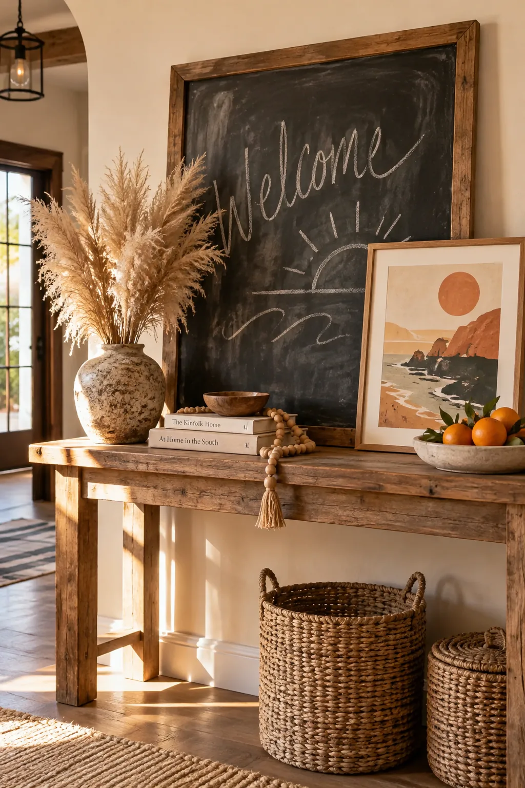 Chalkboard leaning on a console table behind a small summer art print and a vase of pampas grass.