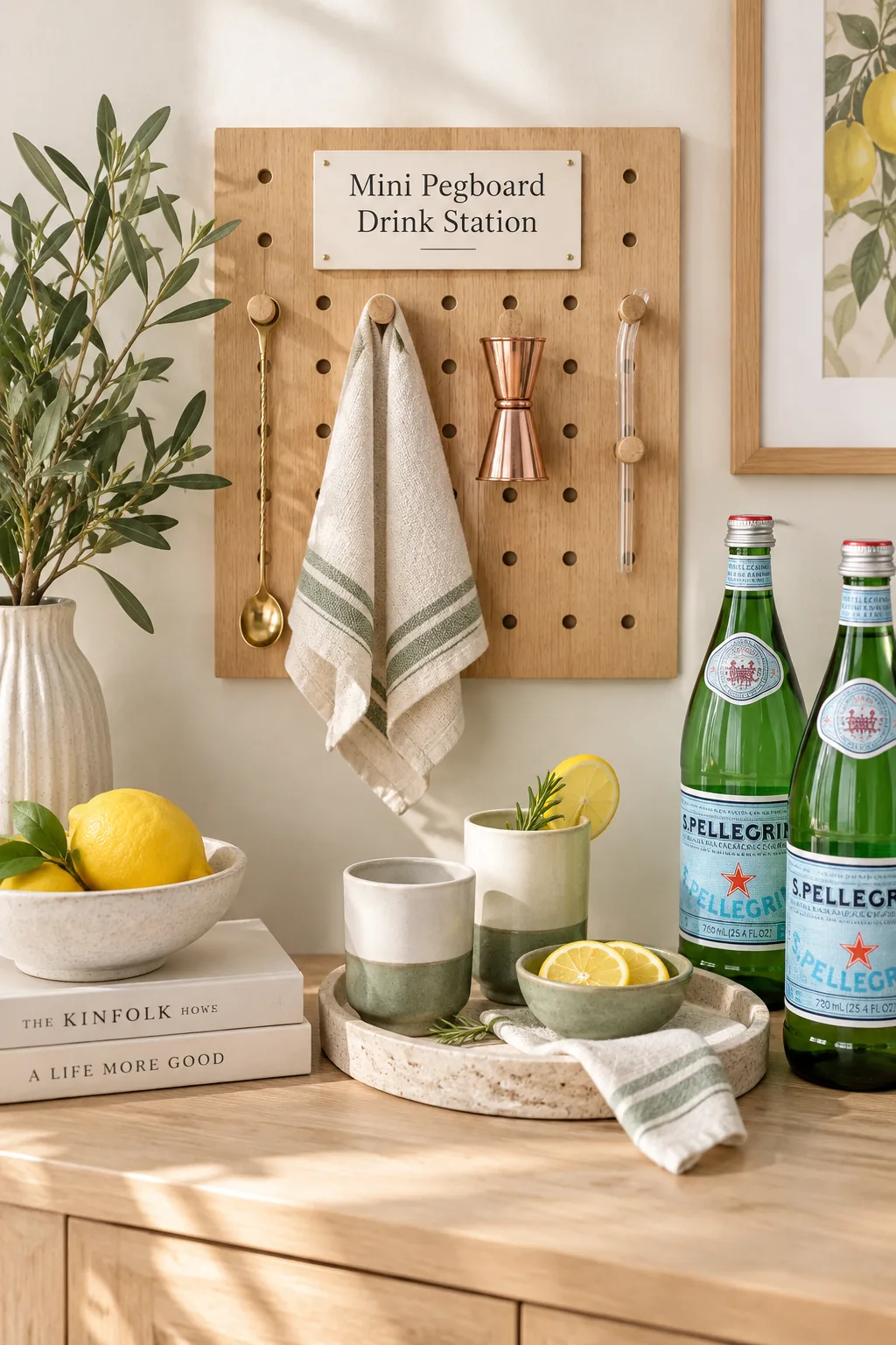 Small wooden pegboard behind a drink station holding mugs and accessories.