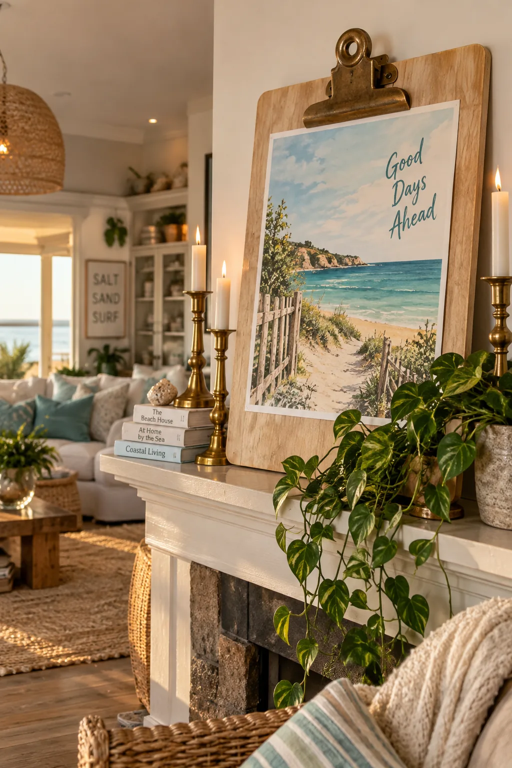 Large wooden board with a metal clip holding a beach print on a mantel.