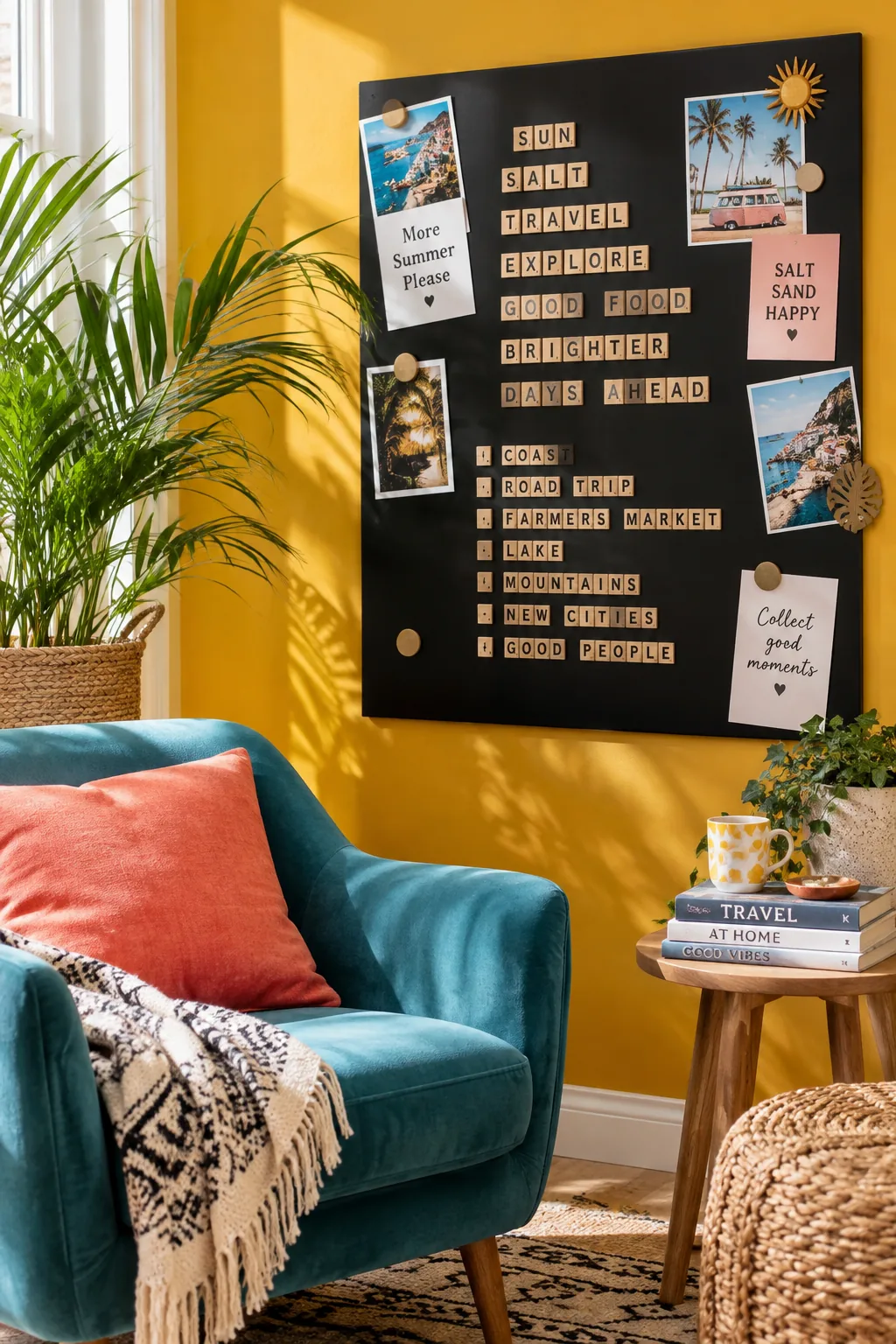 Black magnetic board with wooden letter tiles spelling out summer phrases.