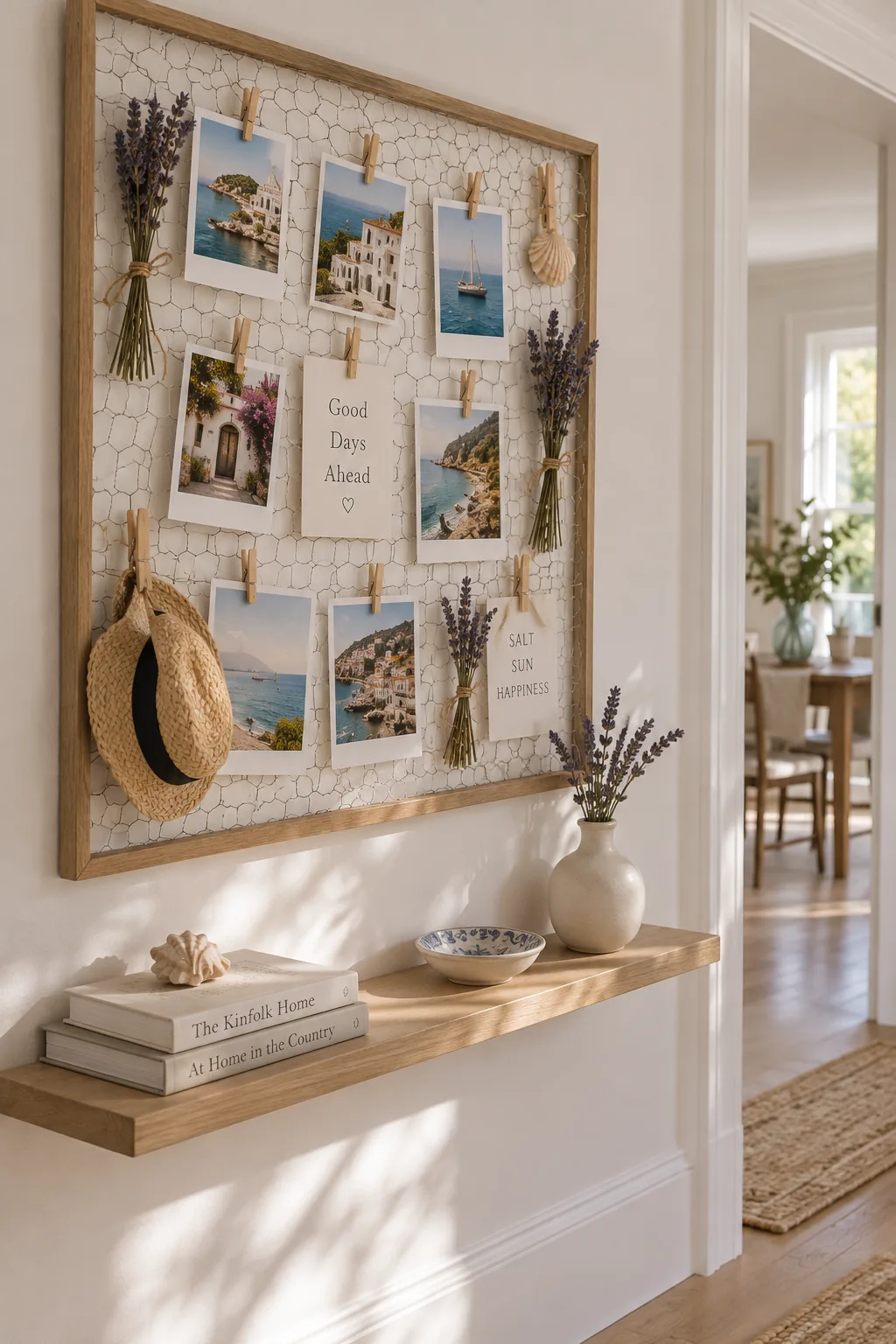 Distressed wooden frame with chicken wire holding photos and lavender sprigs with mini clothespins.