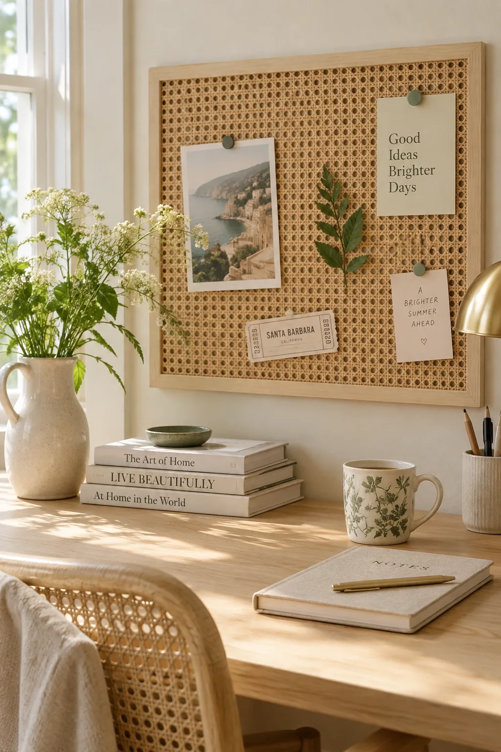 Framed rattan webbing used as a pinboard with notes attached.