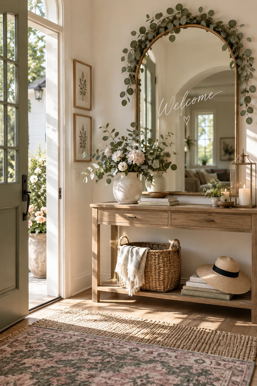 Entryway mirror with a greeting written in white chalk pen and eucalyptus draped on top.