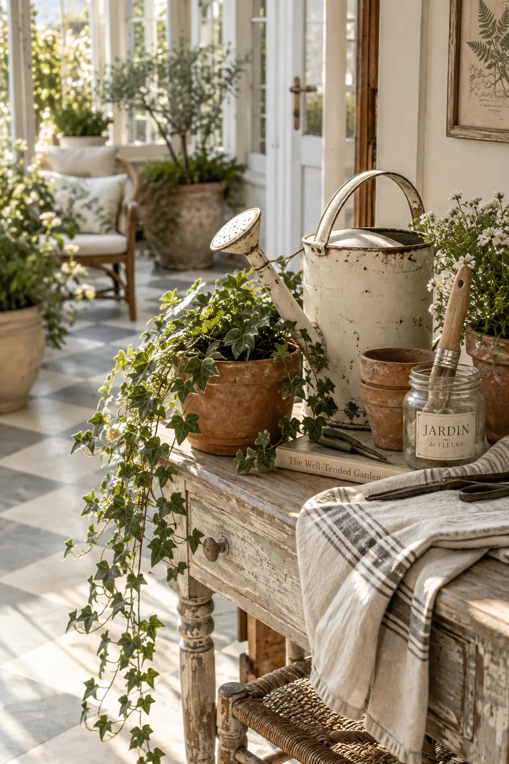 Sunroom floor painted in a soft gray and white checkerboard pattern