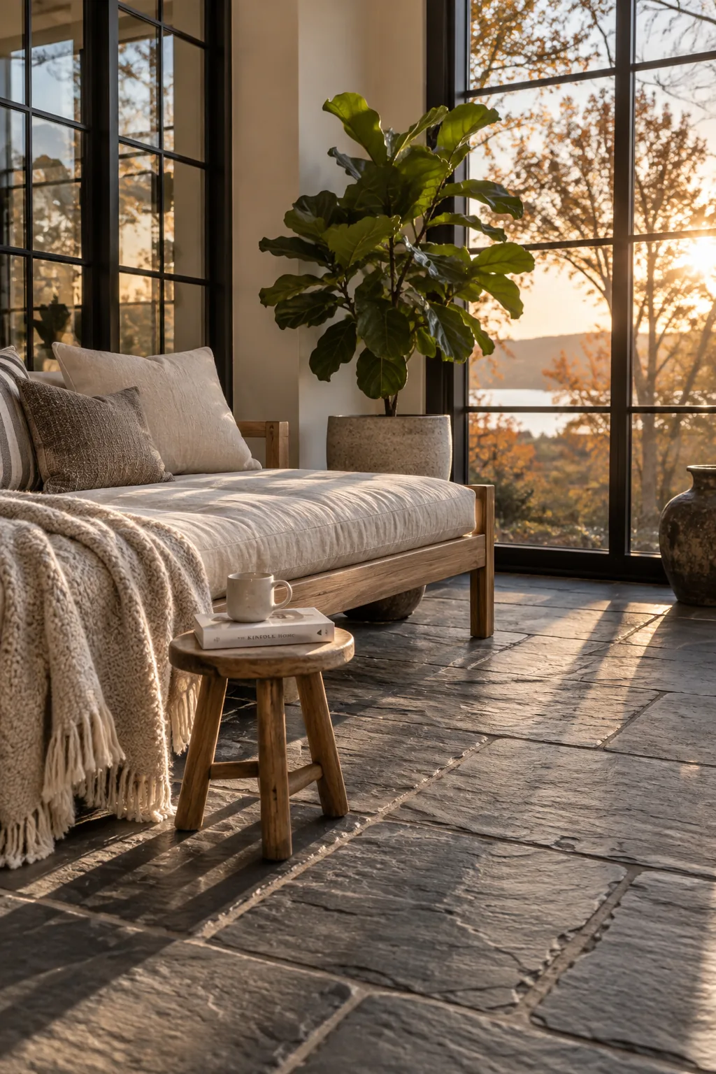 Dark natural slate tiles laid in a sunroom with large glass windows