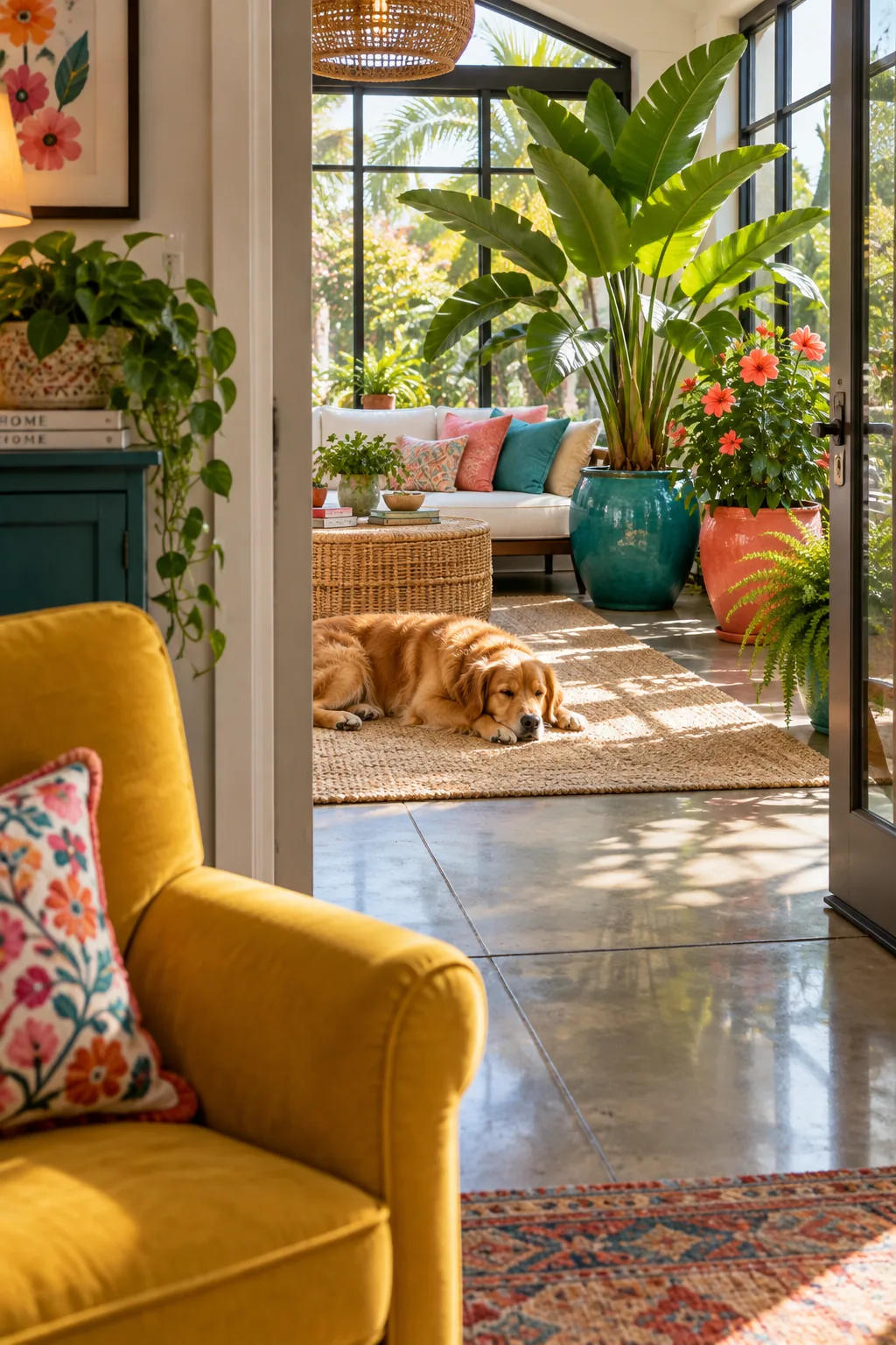 Polished poured concrete floor in a modern sunroom