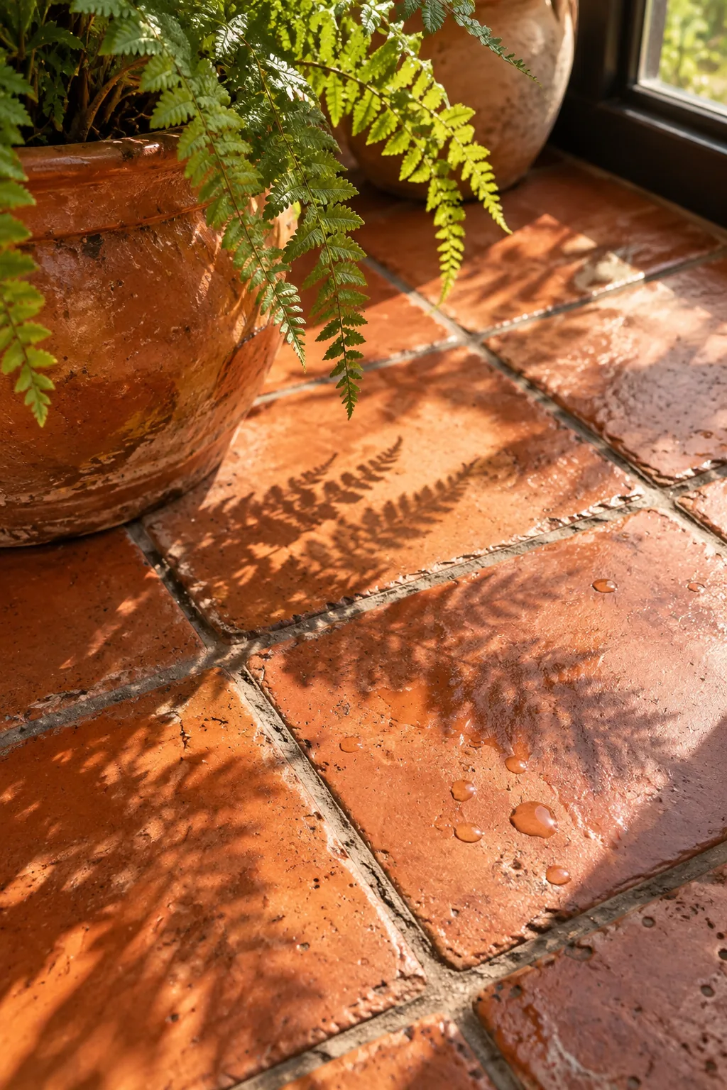 Hexagon terracotta tiles in a sunroom filled with tropical plants