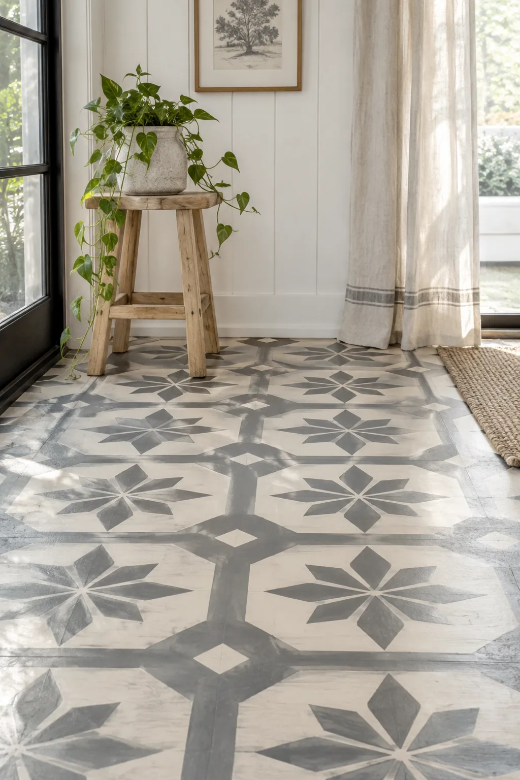 Plywood floor painted with a black and white geometric stencil pattern