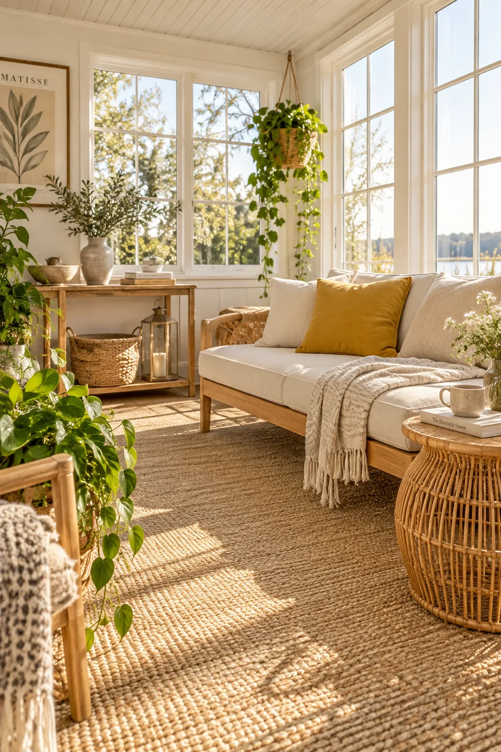 Wall-to-wall natural sisal carpeting in a sunroom with white furniture