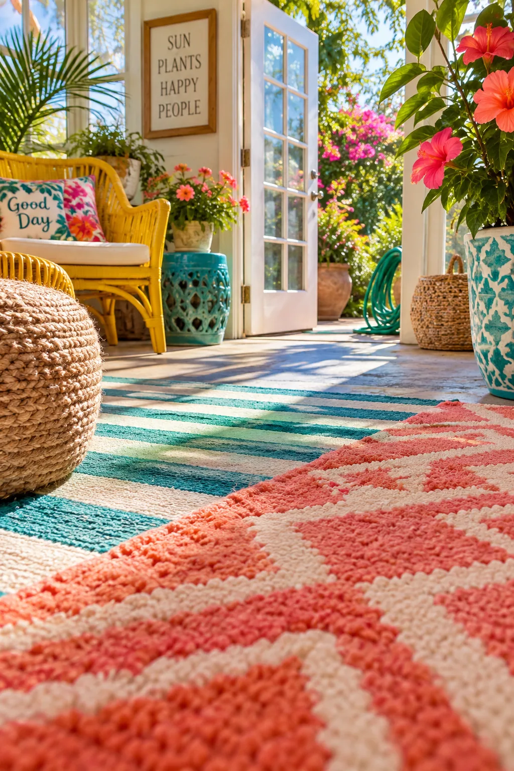 Layered indoor/outdoor rugs with colorful patterns on a concrete sunroom floor