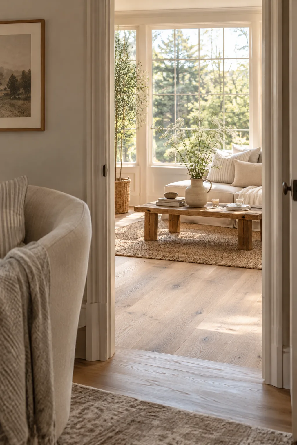 Wide plank engineered hardwood flooring in a sunroom