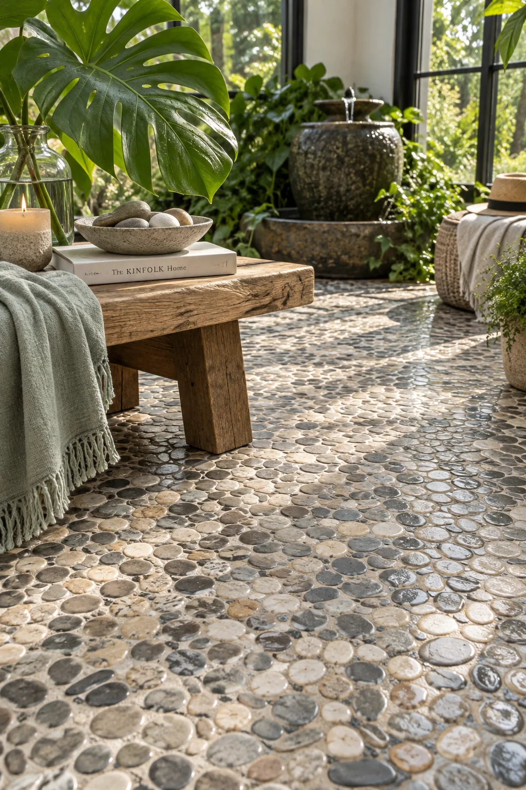 Flat-sliced pebble mosaic tile flooring in a plant-filled sunroom