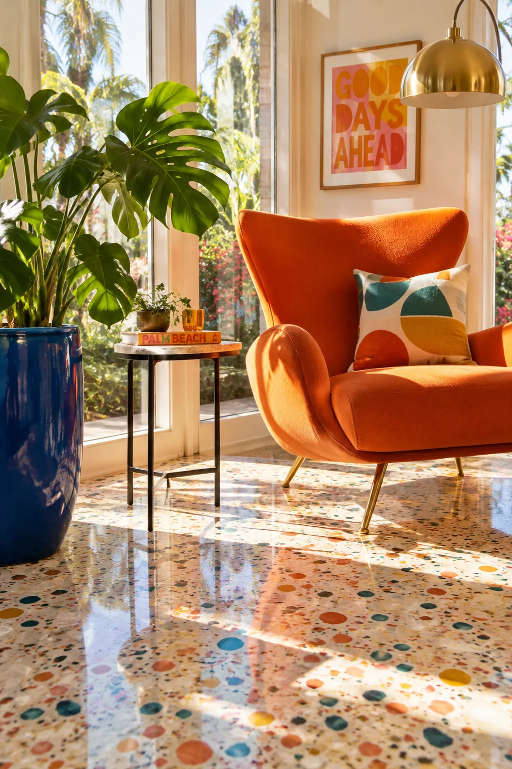Restored mid-century modern terrazzo flooring in a sunroom