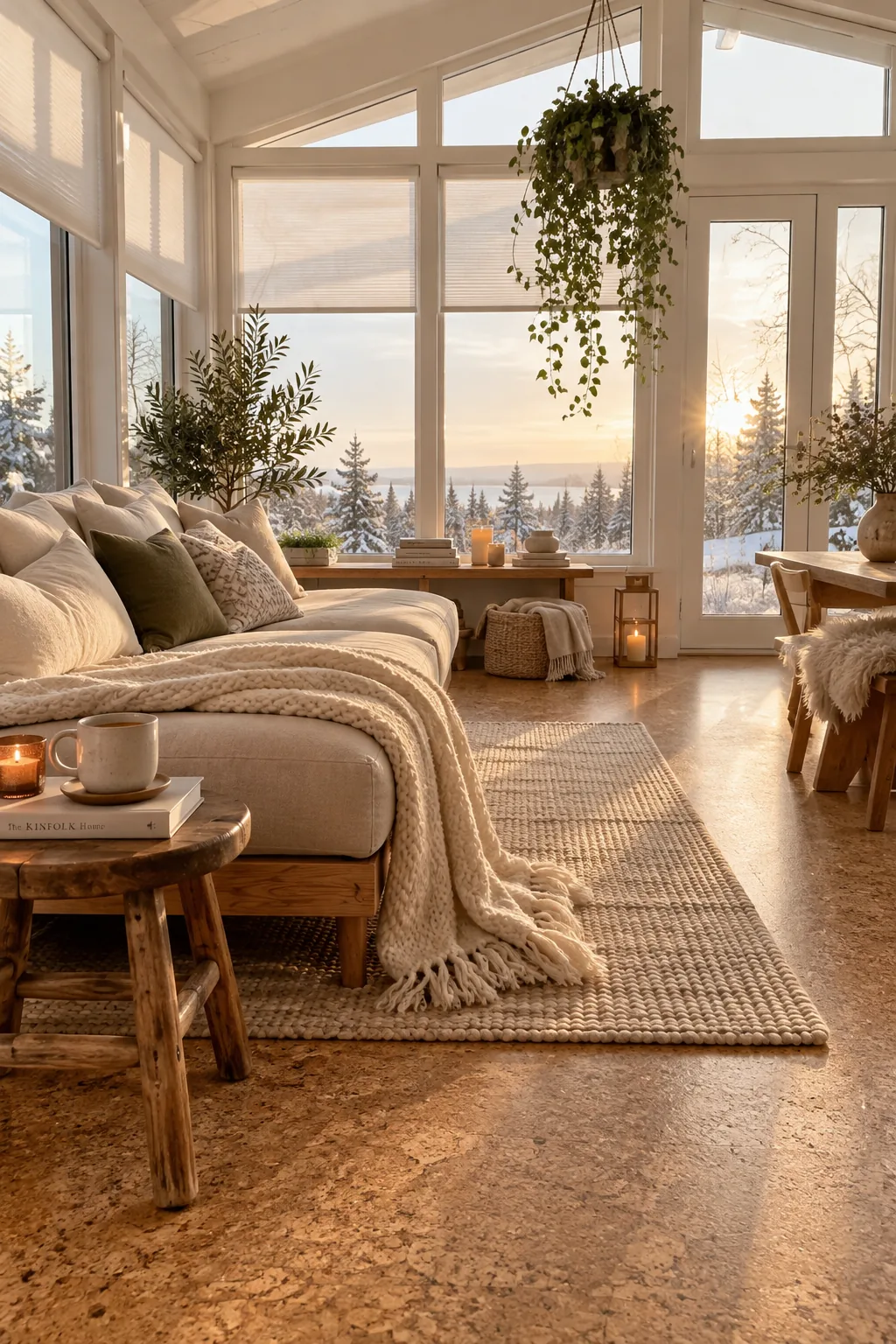 Natural cork flooring installed in a cozy sunroom
